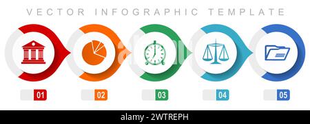 Bildungs-Infografikvorlage mit flachem Design, verschiedene Symbole wie Architektur, Diagramm, Uhr, Waagen und Ordner, Sammlung von Vektorsymbolen Stock Vektor