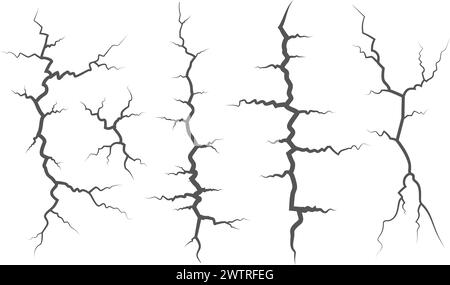Risse sammeln sich an Wand, Erde oder Stein. Kratzt Linien auf Oberflächen. Vektorgrafiken für Blitz und Gewitter. Fissur auf Boden und Eis Stock Vektor