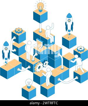 Abbildung Des Konzepts Der Isometrischen Startup-Entwicklung Stock Vektor