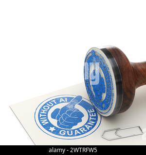 3D-Abbildung eines Gummistempels mit dem Text ohne KI-Garantie. Dienstleistungskonzepte auf der Grundlage nichtkünstlicher Inteligenverfahren. Stockfoto