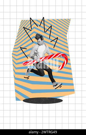 Vertikale kreative Collage Bild von lustigen Mann springen halten große Pfefferminze Süßigkeiten Laden Billboard Comics Zine minimal Stockfoto