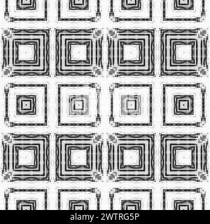 Abstraktes nahtloses schwarzes und weißes Halftone-Muster, Grunge-Stoff-Textur mit geometrischem Dekor in trendigem Luxus-Stil Stockfoto