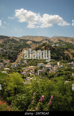 Vertikaler Blick auf die Stadt Gjirokaster in der hügeligen Natur. Architektur und Bäume während des Sommertages in Südalbanien. Stockfoto