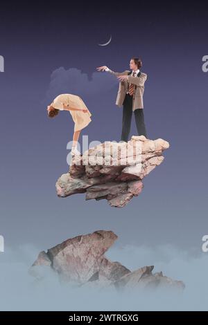 Mann, Magier hypnotisiert Frau, die auf schwebendem Felsen unter Neumond steht. Zeitgenössische Kunstcollage. Illusionistische Performance Stockfoto