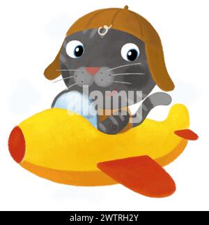 Zeichentrickszene mit Pilotenkatze, die im Flugzeug fliegt und lustige Illustration für Kinder hat Stockfoto