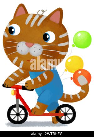 Karikaturkatze, die auf einem Roller mit Ballons reitet und eine spielerische Zeitillustration für Kinder bietet Stockfoto