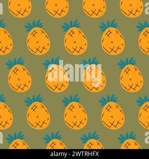 Buntes Muster mit handgezeichneter Ananas auf grünem Hintergrund. Nahtloses Vektordesign. Stock Vektor