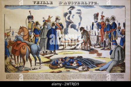 Schlacht von Austerlitz oder Schlacht der drei Kaiser. Dezember 1805. Napoleon am Abend vor Auterlitz. Stich von F. Georgin, 19. Jahrhundert. Stockfoto