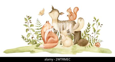 Aquarellkomposition mit Waldtieren und Waldpflanzen. Zeichnen mit Hirsch, Fuchs, Hase, Eichhörnchen und Eule für Babyparty-Grußkarten oder kindliche Einladungen. Sketch für Kinderkrippe. Stockfoto