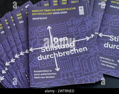 Pressekonferenz zur Vorstellung des UNDP-Berichts den Stillstand durchbrechen - Kooperation in einer polarisierten Welt neu denken ueber die menschliche Entwicklung 2023/24 in Berlin Foto vom 19.03.2024. Die Ungleichheit zwischen reichen und armen Laendern ist ein UN-Bericht zufolge gewachsen. Die globalen Ungleichheiten werden laut dem Bericht durch die starke wirtschaftliche Konzentration verschaerft. Fast 40 Prozent des weltweiten Warenhandels konzentrierte sich nur auf bis zu drei Laender. Im Jahr 2021 habe die Marktkapitalisierung von jedem der drei groessten Technologieunternehmen der Stockfoto