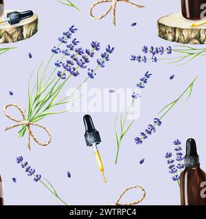 Aquarell nahtloses Muster mit Gesichtscreme in einem Glas und Flasche Serum auf einer hölzernen Säge geschnitten mit Lavendel isoliert auf weißem Hintergrund. Beauty-Produkt Stockfoto