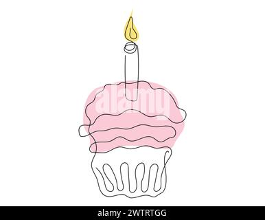Durchgehende einzeilige Zeichnung eines Geburtstagskuchens mit einer einzelnen Kerze. Festliches Dessert. Farbiger Vektor isoliert auf weiß. Designelement für Einladung, Druck, Begrüßung, Scrapbooking Stock Vektor