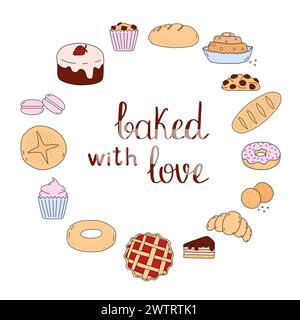 Gebacken mit Liebesbeschriftung und bunten Rahmen mit Kritzelstil gebackene Süßigkeiten, Vektor-Illustration Stock Vektor