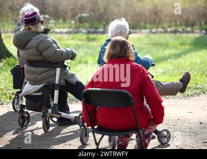 PRODUKTION - 13. März 2024, Sachsen-Anhalt, Köthen: Senioren nehmen an einem Rollator-Yoga-Kurs für Senioren im Schlosspark Köthen Teil. Der Kurs bietet gezielte Übungen, die auf und außerhalb des Rollators durchgeführt werden können. Foto: Jan Woitas/dpa Stockfoto