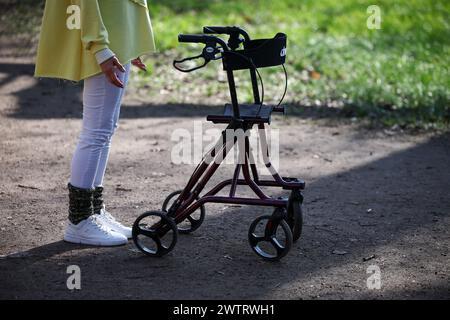 PRODUKTION - 13. März 2024, Sachsen-Anhalt, Köthen: Yogalehrerin Kathrin Fritzsche führt im Schlosspark Köthen einen Rollator-Yoga-Kurs für Senioren durch. Der Kurs bietet spezifische Übungen, die auf und außerhalb des Rollators durchgeführt werden können. Foto: Jan Woitas/dpa Stockfoto