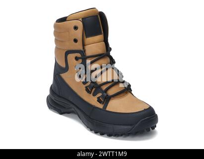 Braune und schwarze Bikerstiefel isoliert auf weißem Hintergrund Stockfoto