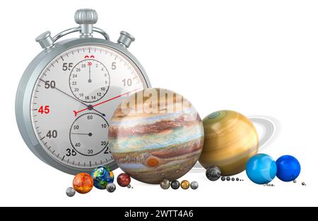 Planeten des Sonnensystems mit Stoppuhr. 3D-Rendering isoliert auf weißem Hintergrund Stockfoto