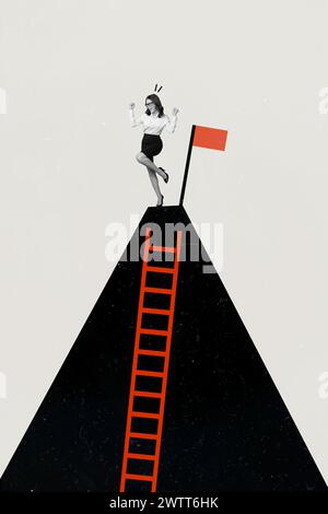Vertikale Collage kreatives Foto stehend junge Frau Top Berg Rock Flagge Ziel Leistung Karriere Promotion Ziel Reichweite Stockfoto