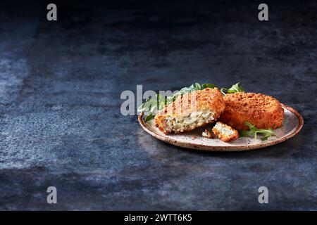 Eine köstliche Portion knuspriger Kroketten auf einem rustikalen Teller, garniert mit frischem Gemüse Stockfoto