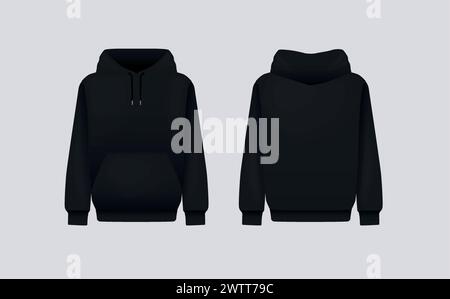Schwarzer Hoody für Herren. Realistisches Jumper-Modell. Langärmelige Kapuzenbekleidung Stock Vektor