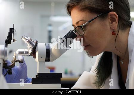 Attraktive Wissenschaftlerinnen, die mit Mikroskop auf dna testen Stockfoto