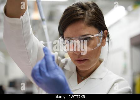 Attraktive Wissenschaftlerinnen testen mit Reagenzglasblut und Peppet auf dna-Ergebnisse Stockfoto