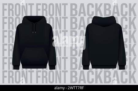 Schwarzer Hoody für Herren. Realistisches Jumper-Modell. Langärmelige Kapuzenbekleidung Stock Vektor