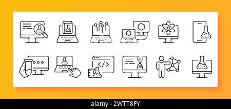 Wissenschaftssymbole. Monitor, Reagenzglas, Chemie, Physik, wissenschaftliche Tätigkeit, Smartphone, Atom, Molekül, Laptop. Schwarzes Symbol auf weißem Hintergrund. V Stock Vektor