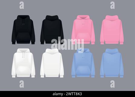 Schwarzer Hoody für Herren. Realistisches Jumper-Modell. Langärmelige Kapuzenbekleidung Stock Vektor