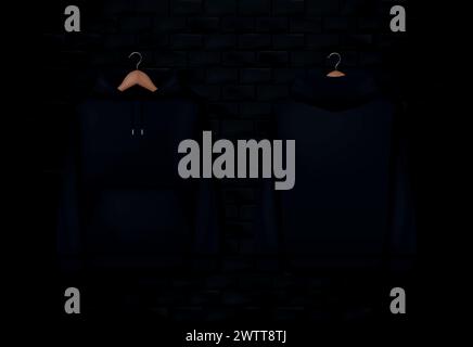 Schwarzer Hoody für Herren. Realistisches Jumper-Modell. Langärmelige Kapuzenbekleidung Stock Vektor