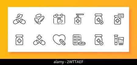 Symbol für Medizin. Tablette, Blisterpackung, Herz, Gesundheit, Chemie, Arzneimittel, Flüssigseife, antiseptisch. Schwarzes Symbol auf weißem Hintergrund. Vektorlinie Stock Vektor