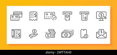 Symbolgruppe „Banking“. Kreditkarte, Smartphone, Monitor, Laptop, Dollar, Bill, Geldautomat, Bleistift. Schwarzes Symbol auf weißem Hintergrund. Vektorzeilensymbol für Unternehmen Stock Vektor