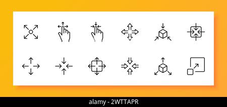 Berühren Sie die Symbolgruppe für die Steuerung. Vergrößern, Verkleinern, Touchpad, Minimieren, erweitern. Schwarzes Symbol auf weißem Hintergrund. Vektorlinien-Symbol für Unternehmen und Werbung Stock Vektor