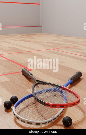 Squashschläger und -Bälle liegen auf dem Parkettboden im Sportraum. 3D-Rendering Stockfoto