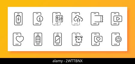 Smartphone-Symbolgruppe. Anwendung, Akku, Informationen, Einstellungen, Cloud-Speicher, Uhr, Benachrichtigung, Dating-Site. Schwarzes Symbol auf weißem Hintergrund. V Stock Vektor