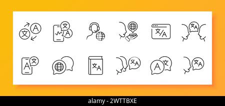 Symbolgruppe des Übersetzers. Sprache, Wörterbuch, Ausländer, übersetzen, Wörter, Linguist, Geld, Kurse. Schwarzes Symbol auf weißem Hintergrund. Symbol für Vektorlinie f Stock Vektor