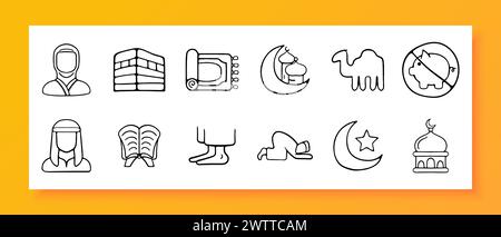 Islam-Symbolsatz. Burka, Kamel, Namaz, Traditionen, Religion, moschee, Prophet, Koran, Mond, Kuppel, Teppich. Schwarzes Symbol auf weißem Hintergrund. Vektorlinie i Stock Vektor
