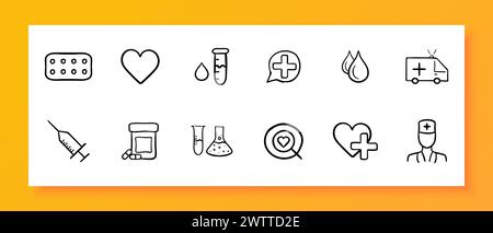 Symbol für Medizin. Pillen, Herz, Tropfen, Krankenwagen, Reagenzglas, Spritze, Injektion, Relaxans, Chemie. Schwarzes Symbol auf weißem Hintergrund. Vektorlinie i Stock Vektor