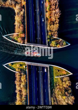 Aus der Vogelperspektive eines Schiffes, das unter einer Brücke auf einem sonnendurchfluteten Fluss fährt, flankiert von Straßen und Herbstbäumen. Stockfoto