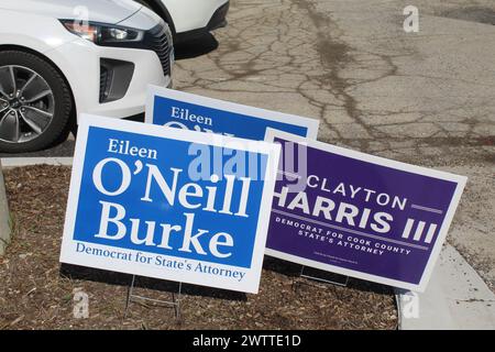 Eileen O'Neill Burke Cook County Staatsanwalt Schild vor einem Clayton Harris Schild Stockfoto