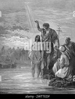 Die Taufe Jesu, das Alte Testament, die Bibel, das Evangelium nach Metthäus 3, historische Anustration 1886 Stockfoto