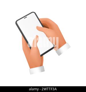 3D-Hände eines Mannes, der das Mobiltelefon hält, um den leeren weißen Bildschirm mit Fingern-Vektorillustration zu berühren Stock Vektor