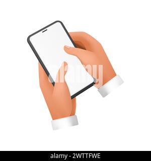 3D-Hände eines Mannes, der das Mobiltelefon hält, um den leeren weißen Bildschirm mit Fingern-Vektorillustration zu berühren Stock Vektor