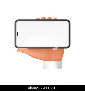 3D-Hand eines Mannes mit Smartphone mit leerem weißen Bildschirm in horizontaler Position Vektor-Illustration Stock Vektor