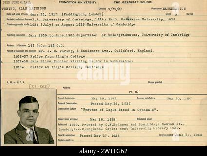 ALAN TURING (1912–1954) englischer Mathematiker und Kryptanalytiker 1936 auf seinem Anmeldeformular für die Princeton University. Stockfoto