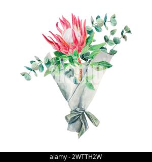 Protea Aquarell, Eukalyptuszweig, Blumenstrauß. Vektor-Illustration von rosa Blumen. Karten, Hochzeitseinladungen, Banner, Cover, Etiketten, Flyer. Stock Vektor