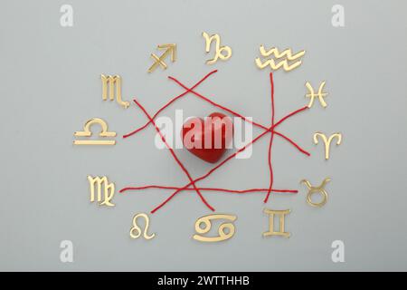 Zodiac-Kompatibilität. Schilder, rotes Herz und Fäden auf grauem Hintergrund, flache Lagen Stockfoto