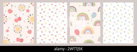 Boho Baby nahtloses Muster mit Regenbogen, Stern, Herz, Ballons, süßer Sonne und Kirsche. Handgezeichnetes Bohème-Kinderzimmer-Design für Kinder-Schlafzimmer im skandinavischen Stil. Kindliche Wanddekoration für Neugeborene. Stock Vektor