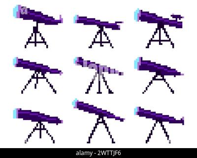 Symbolsatz für Pixelteleskope isoliert auf weißem Hintergrund. Teleskop auf einem Stativ im Pixel-Art-Stil. 8-Bit-astronomisches Teleskop zur Beobachtung des äußeren Thermalbades Stock Vektor