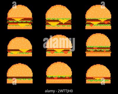Pixelburger-Symbolsatz isoliert auf schwarzem Hintergrund. 8-Bit-Cheeseburger mit zwei Schnitzeln und Käse. Sammlung von Cheeseburger- und Hamburger-Ikonen in Stock Vektor